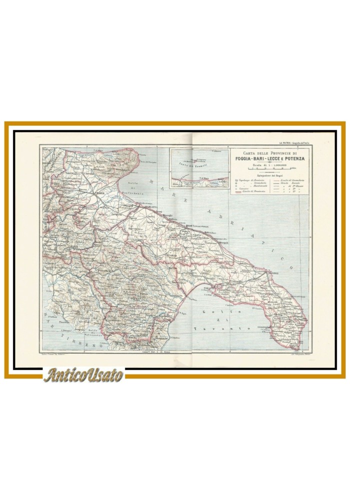 CARTA FOGGIA BARI LECCE POTENZA cromolitografia 1902 Stampa Antica Mappa Puglia