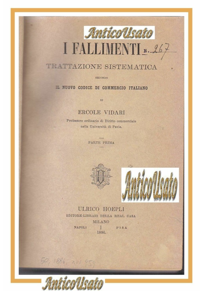 I FALLIMENTI trattazione sistematica di Ercole Vidari 1886 Hoepli libro antico