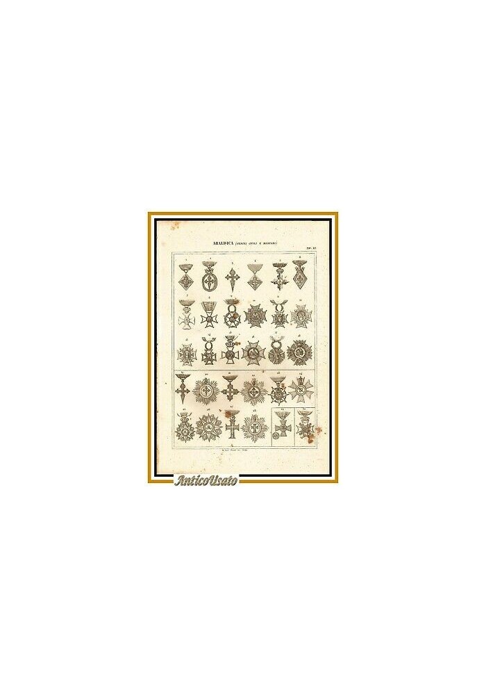 ARALDICA MEDAGLIE ORDINI CIVILI E MILITARI 1866 Tavola XX Antica Incisione