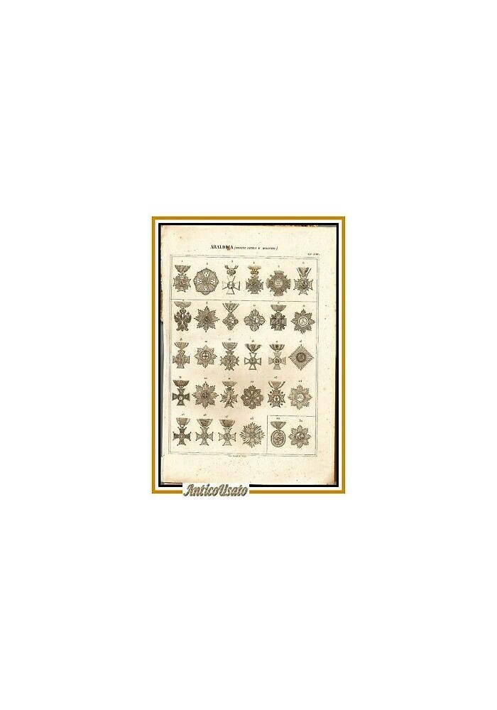 ARALDICA MEDAGLIE ORDINI CIVILI E MILITARI 1866 Tavola XVIII Antica Incisione
