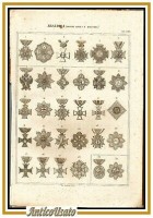 ARALDICA MEDAGLIE ORDINI CIVILI E MILITARI 1866 Tavola XVIII Antica Incisione
