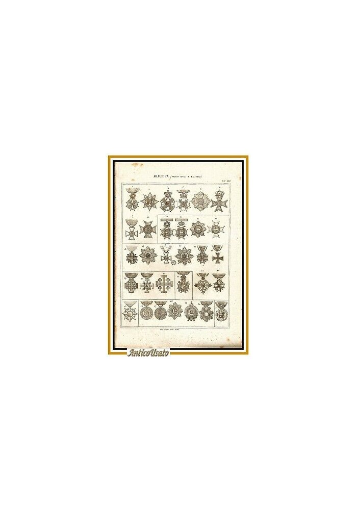 ARALDICA MEDAGLIE ORDINI CIVILI E MILITARI 1866 Tavola XXIII Antica Incisione