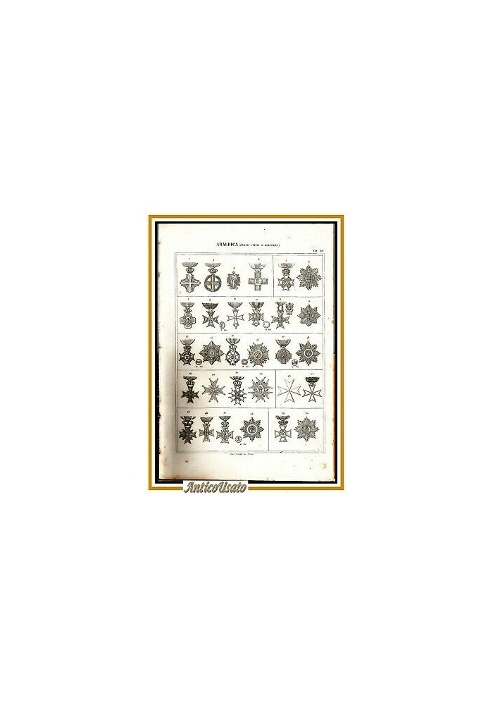ARALDICA MEDAGLIE ORDINI CIVILI E MILITARI 1866 Tavola XVI Antica Incisione