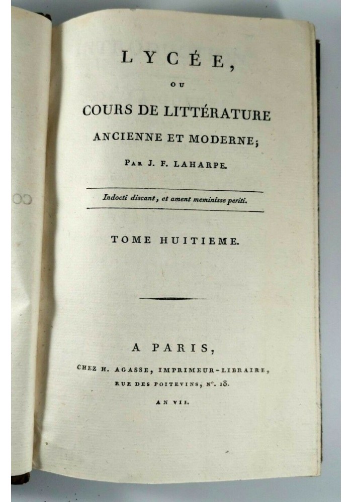 LYCEE OU COURS DE LITTERATURE ANCIENNE ET MODERNE tomo 8 di La Harpe 1799