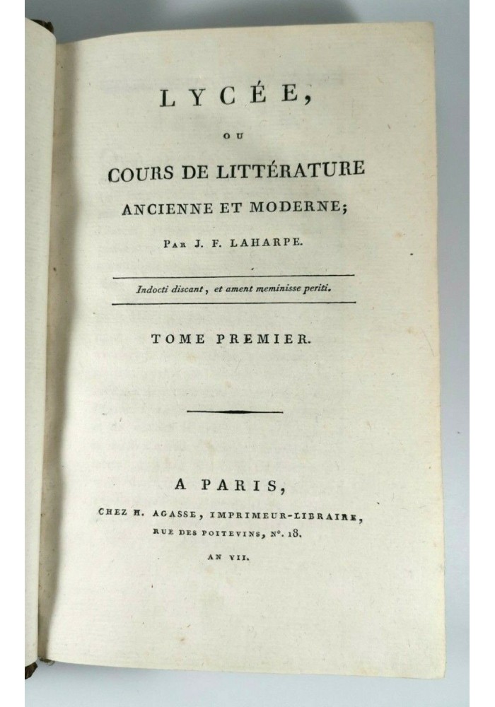 LYCEE OU COURS DE LITTERATURE ANCIENNE ET MODERNE tomo 1 di La Harpe 1799