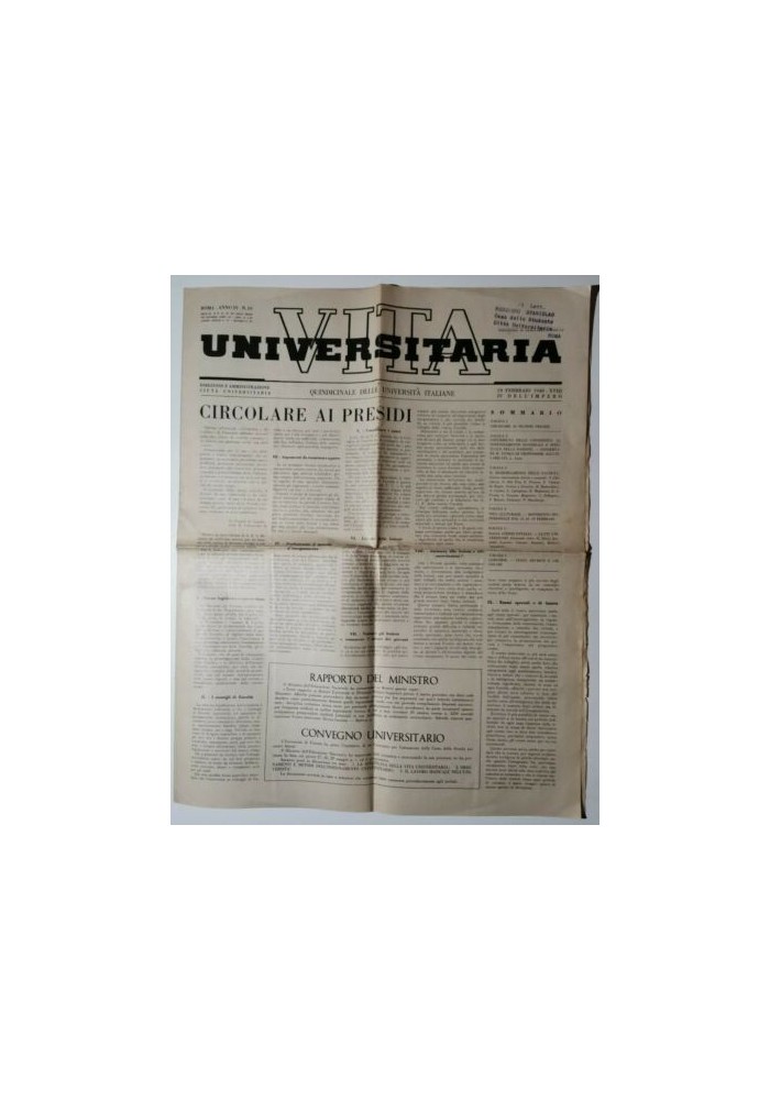 VITA UNIVERSITARIA Quindicinale Università Italiane 29 02 1940 giornale fascismo