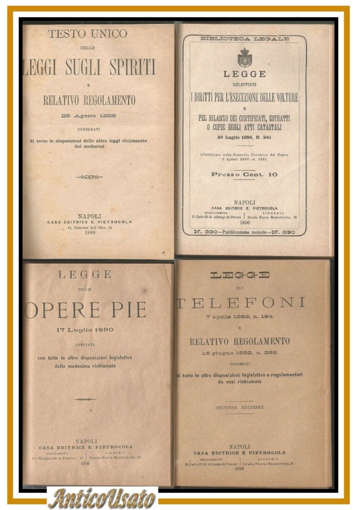 LEGGE SUI TELEFONI SUGLI SPIRITI SULLE OPERE PIE 1889 1898 libro antico diritto