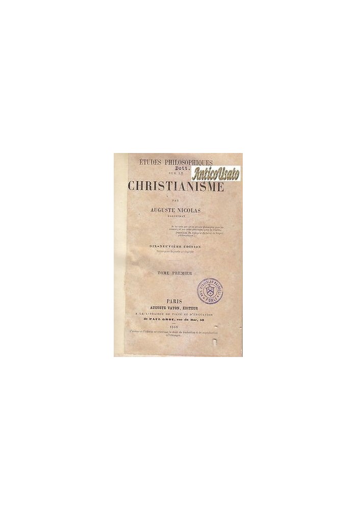 Etudes Philosophiques Sur Le Christianisme di Nicolas 4 voll 1868 libro antico
