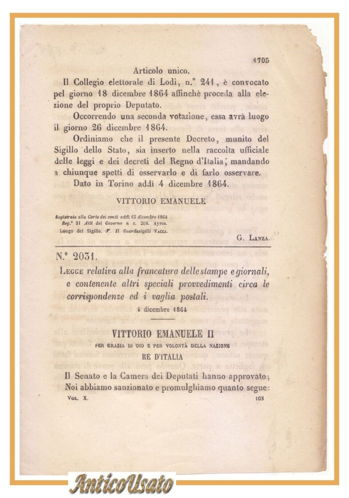 REGIO DECRETO 1864 Affrancatura stampe giornali corrispondenze vaglia postali