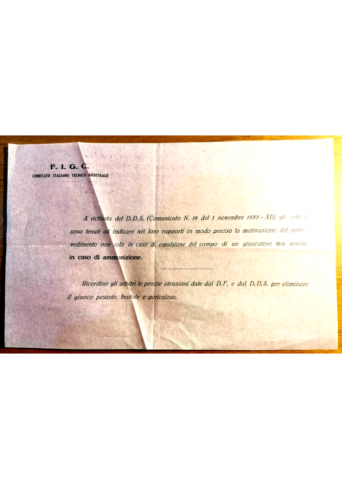 ARBITRI istruzioni 1933 fascismo FIGC ammonizione espulsione documento Calcio