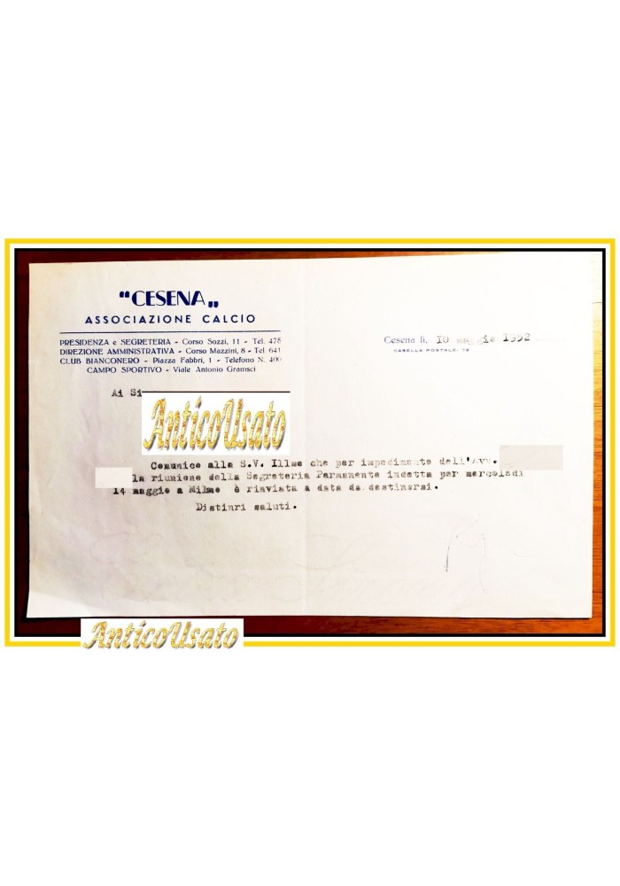 CESENA associazione Calcio lettera su carta intestata del 1952 originale vintage