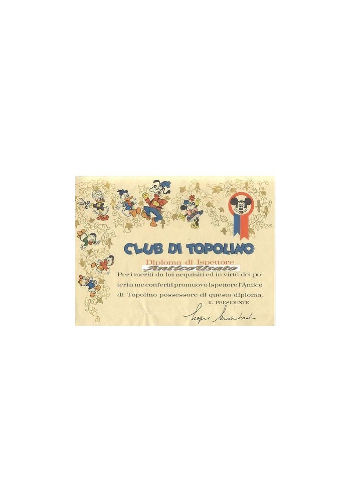 Diploma Di Ispettore Club Di Topolino Disney Anni '60? Originale Walt