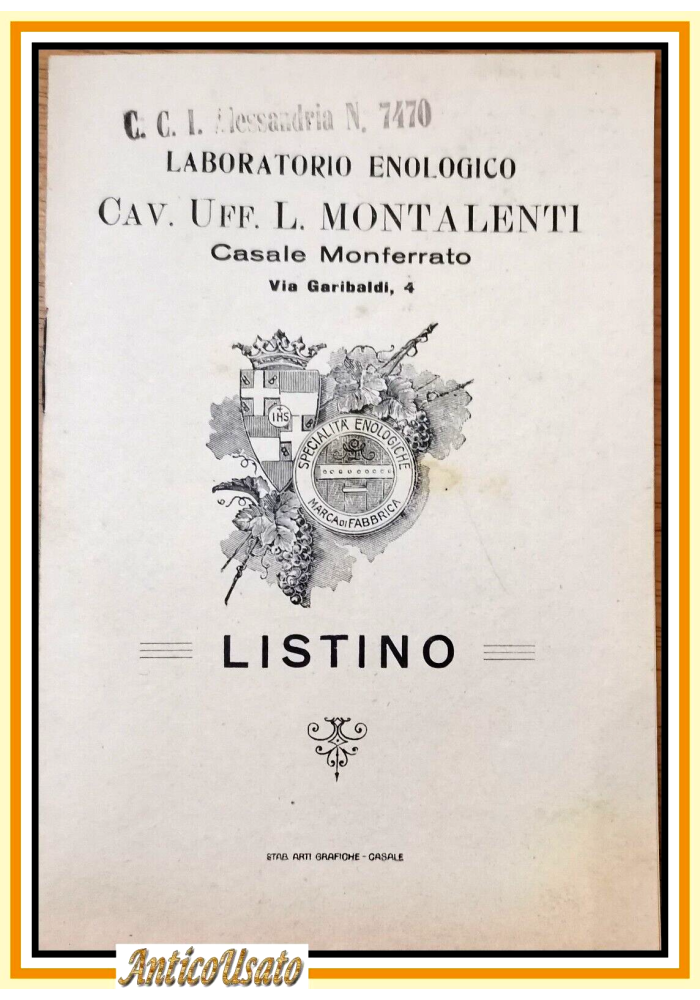 LISTINO LABORATORIO ENOLOGICO MONTALENTI Casale Monferrato primi del '900 Vino