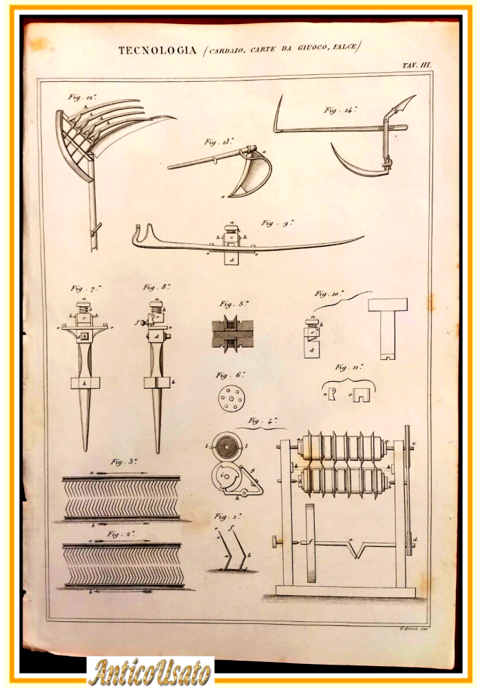Tecnologia CARDAIO CARTE DA GIOCO FALCE Tavola Incisione Stampa Antica 1866