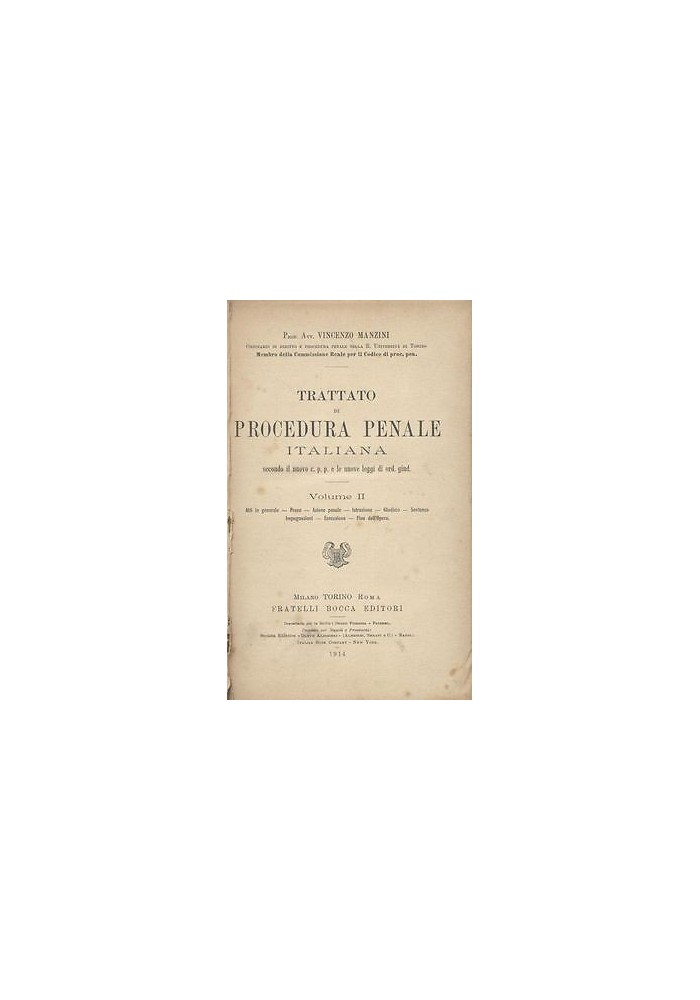 Trattato Di Procedura Penale Italiana volume II di Vincenzo Manzini 1914 Libro