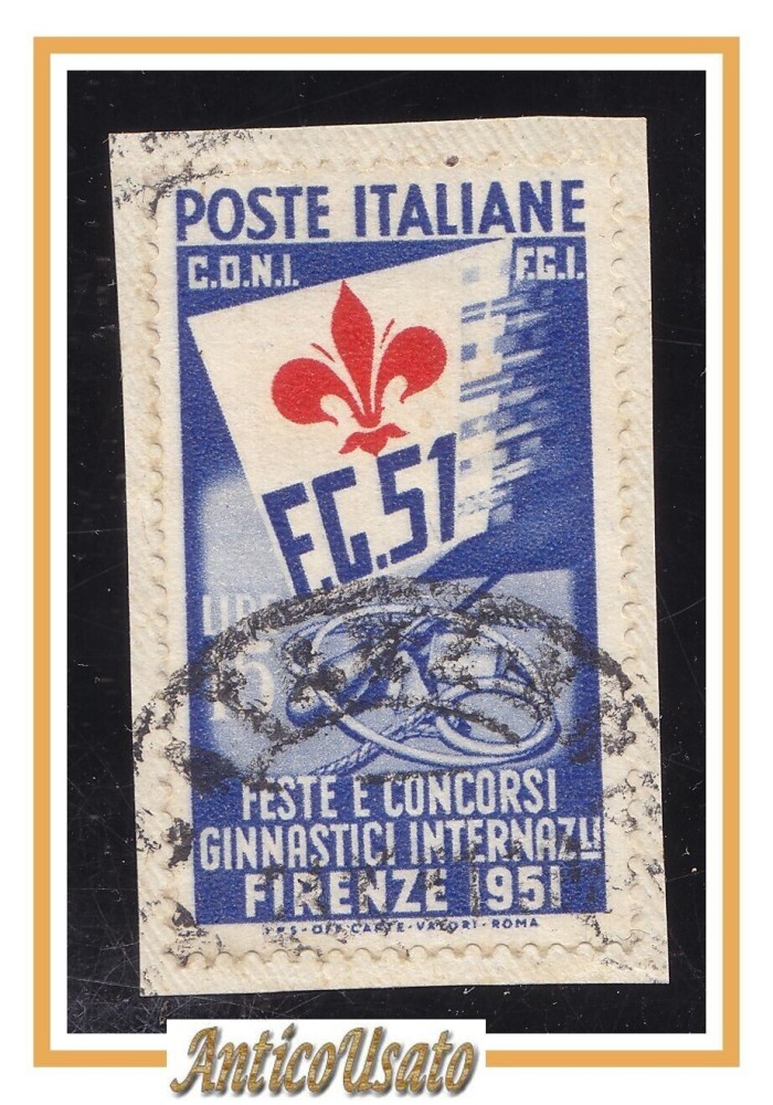 CONCORSI GINNASTICI INTERNAZIONALI Francobollo Usato su frammento 15 lire Italia