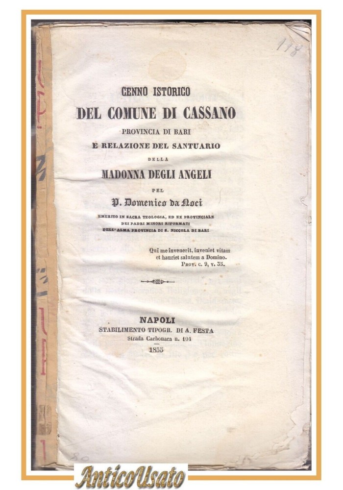 Cenno Istorico Del Comune Di Cassano Relazione Del Santuario 1855 Libro Antico