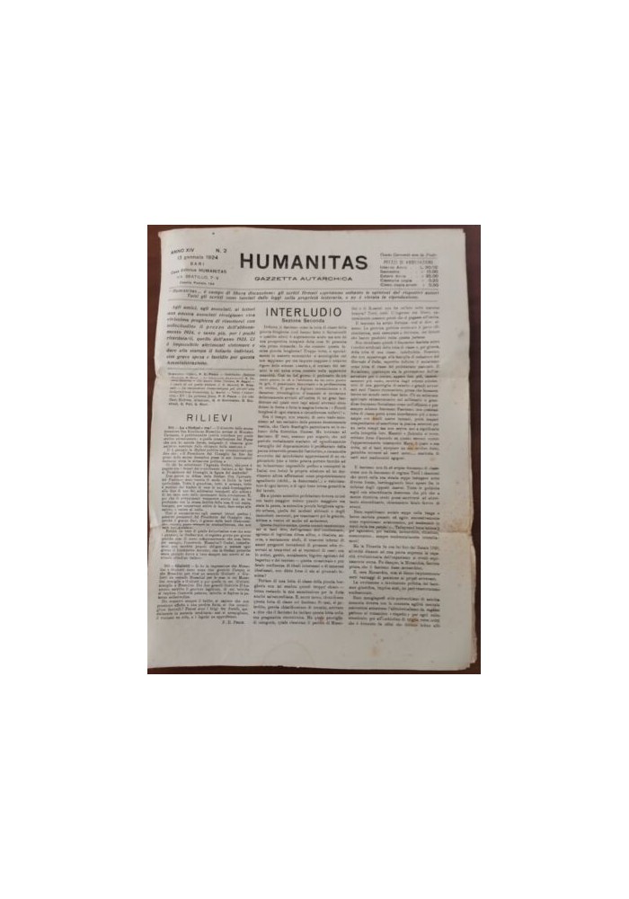 HUMANITAS Gazzetta autarchica 13 gennaio 1924 Bari giornale anarchismo Vintage
