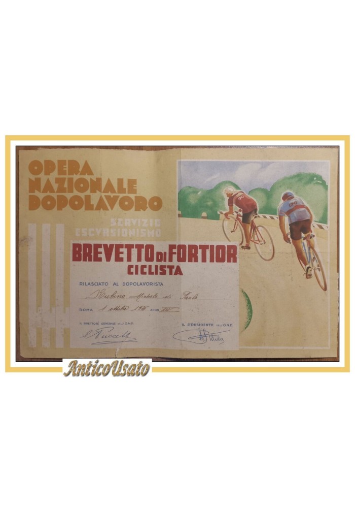 BREVETTO DI FORTIOR CICLISTA Diploma Opera Nazionale Dopolavoro 1936 Ciclismo