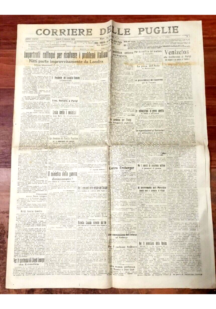 CORRIERE DELLE PUGLIE 9 gennaio 1920 Giornale quotidiano Gazzetta Bari Vintage