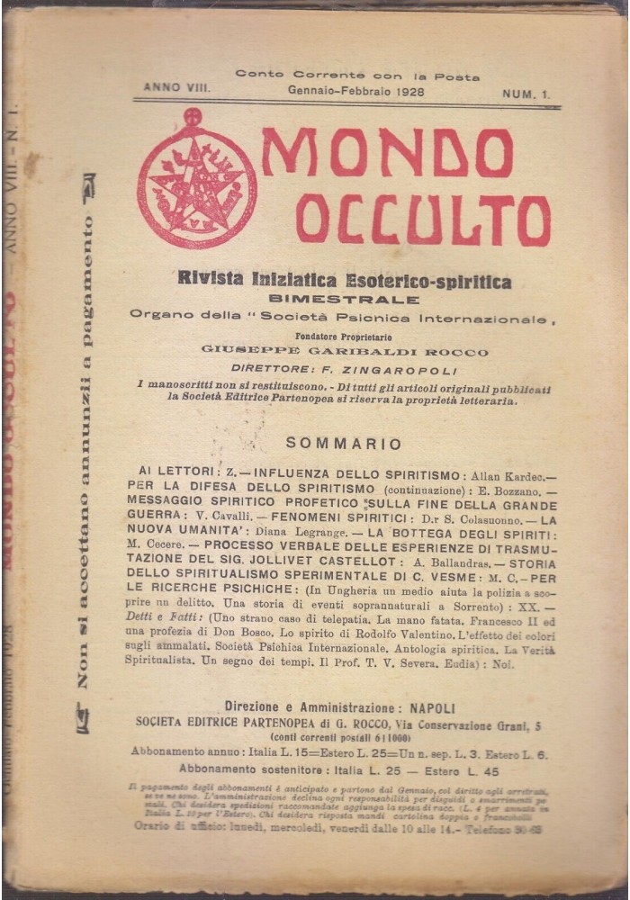 MONDO OCCULTO rivista iniziatica esoterico spiritica 1928 Kardec Bozzano Legrang