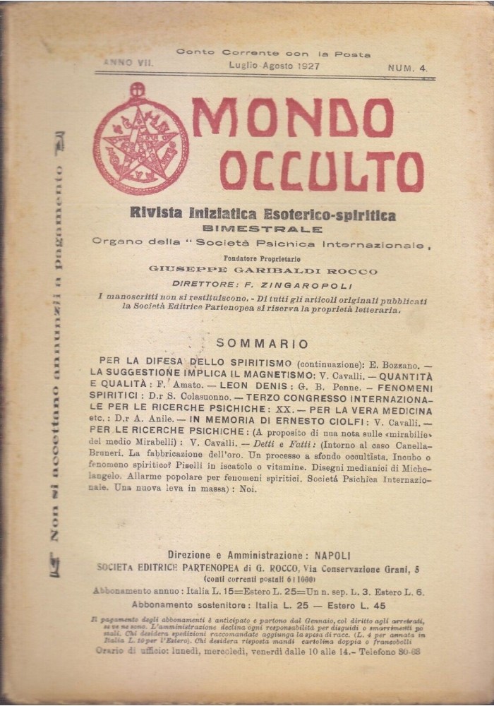 MONDO OCCULTO rivista iniziatica esoterico spiritica 1927 Anile Bozzano Cavalli