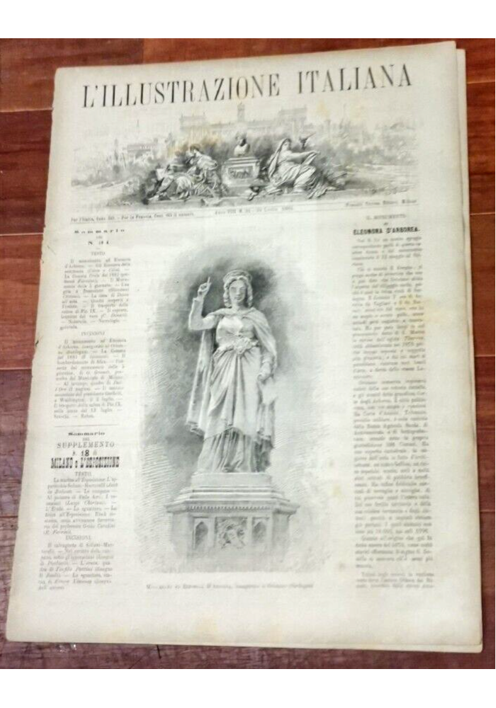 L'ILLUSTRAZIONE ITALIANA 31 luglio 1881 Monumento Eleonora D'arborea Giornale