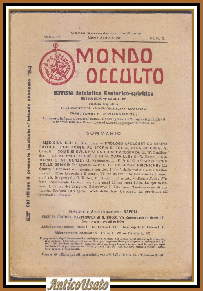 MONDO OCCULTO rivista iniziatica esoterico spiritica 1923 Kremmerz Zingaropoli