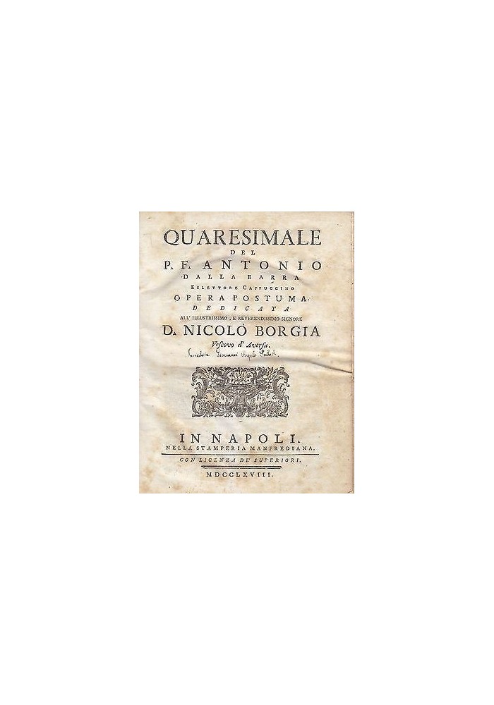 QUARESIMALE del P.F. Antonio Dalla Barra NapoliStamperia Manfrediana 1768 - SPEDIZIONE GRATUITA