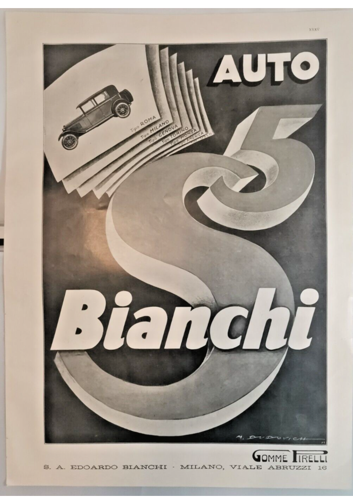 AUTO BIANCHI S5 illustrata Dudovich 1928 Pubblicità Advertising Vintage d'epoca