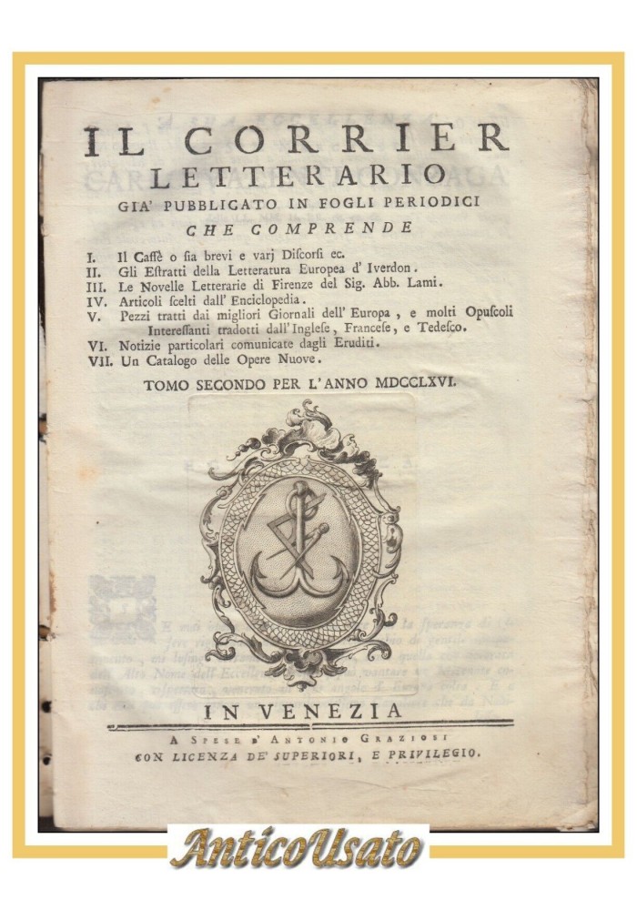 IL CORRIER LETTERARIO tomo II per l'anno 1766 Antonio Graziosi Libro Antico