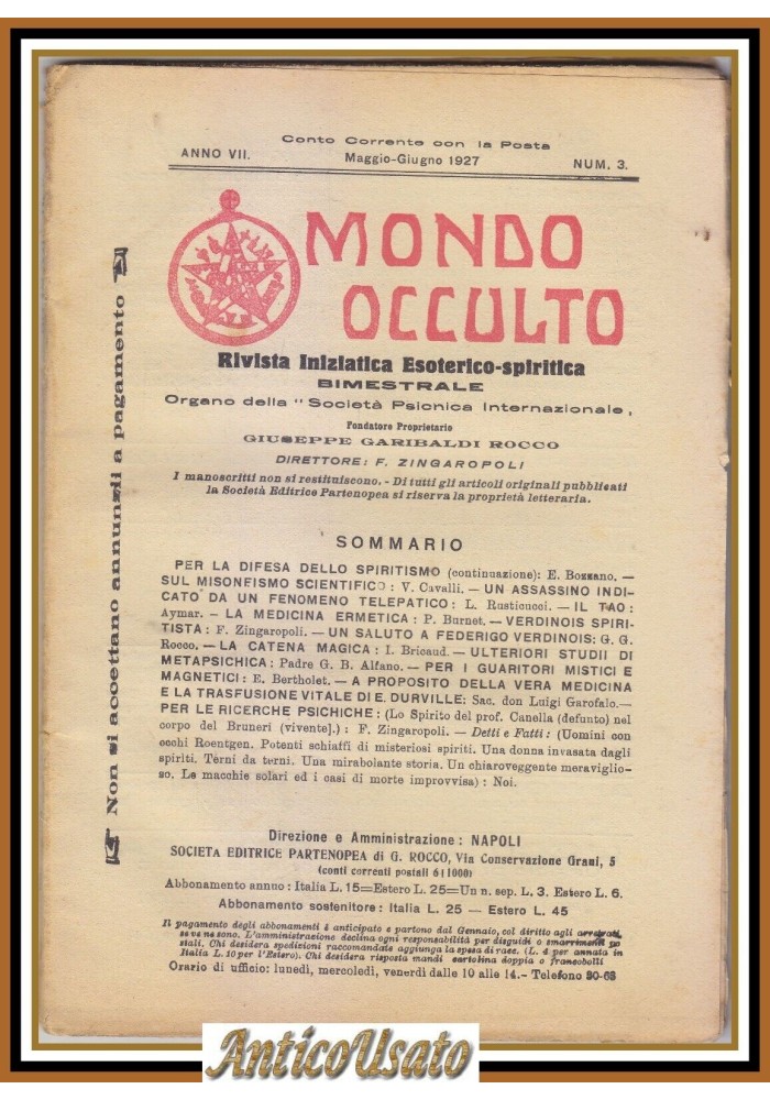 MONDO OCCULTO rivista iniziatica esoterico spiritica maggio 1927 telepatia magia