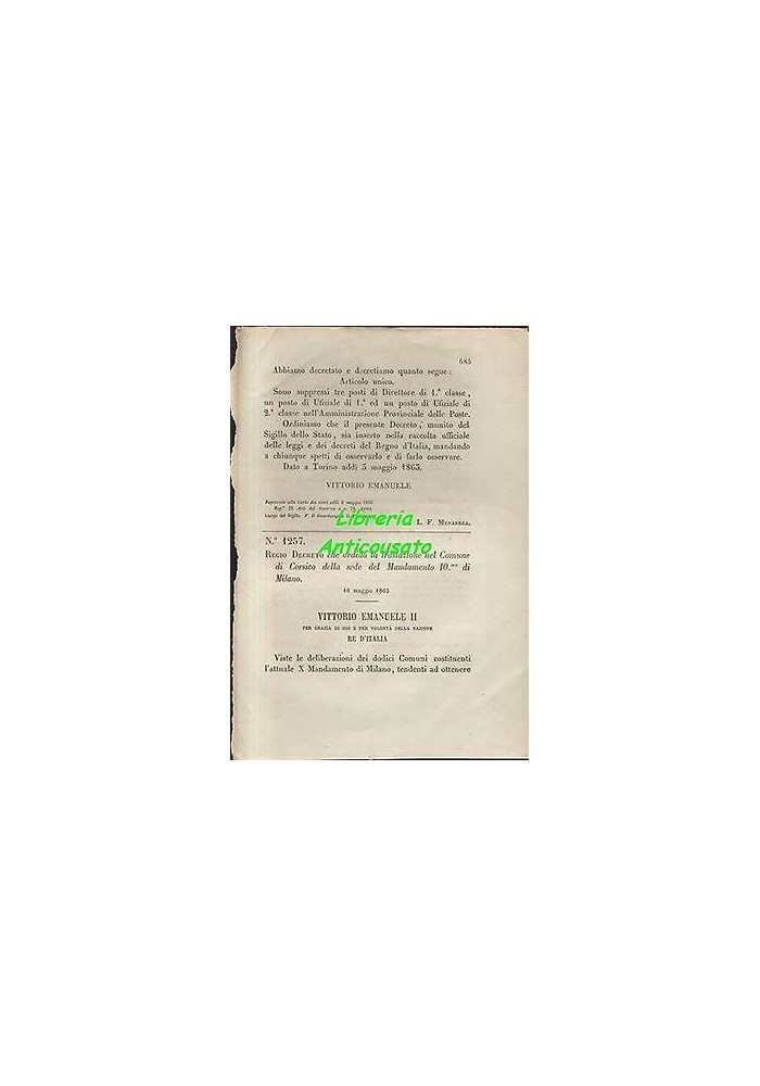 REGIO DECRETO TRASLAZIONE IN CORSICO 10mo MANDAMENTO MILANO 10 maggio 1863
