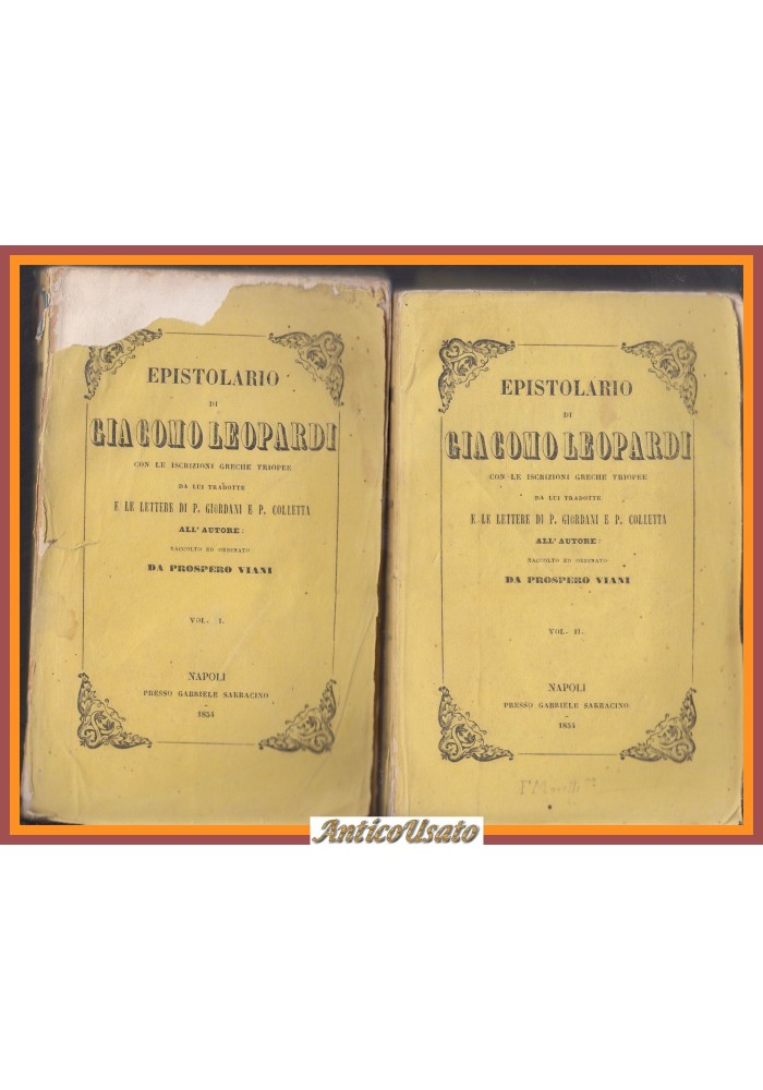 EPISTOLARIO di Giacomo Leopardi 1854 Sarracino 2 volumi completo libro antico