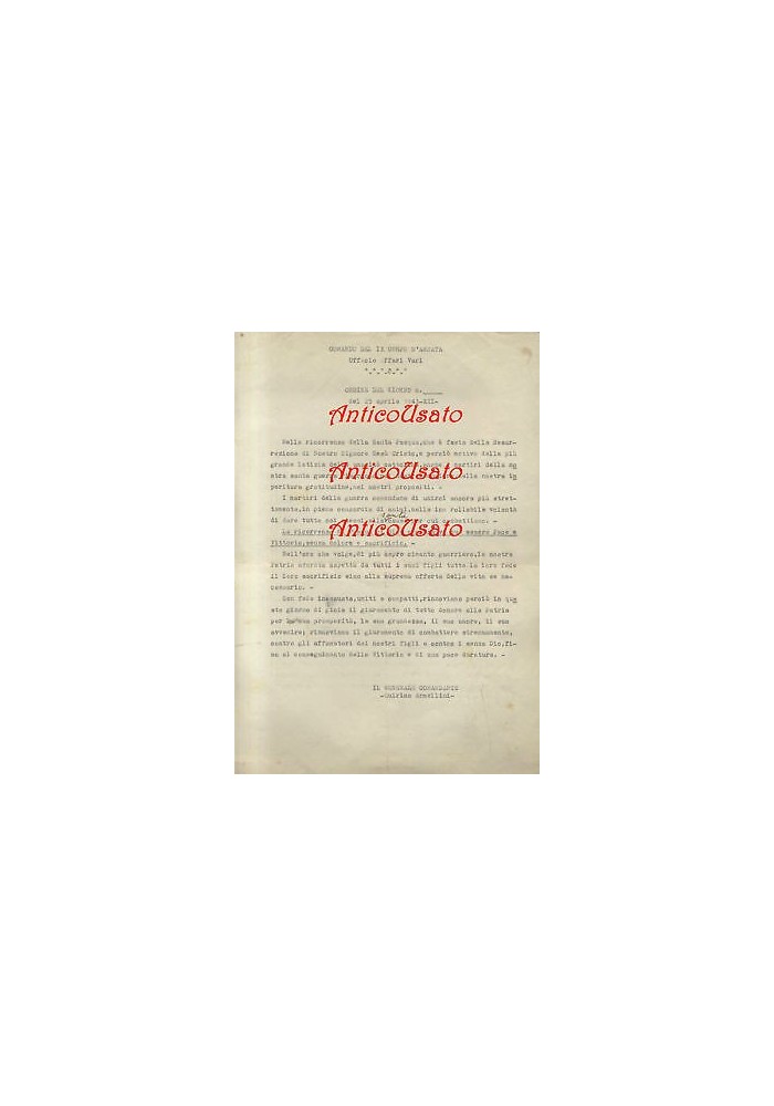 COMANDO DEL 9° CORPO D'ARMATA volantino originale SANTA PASQUA 25/04/1943