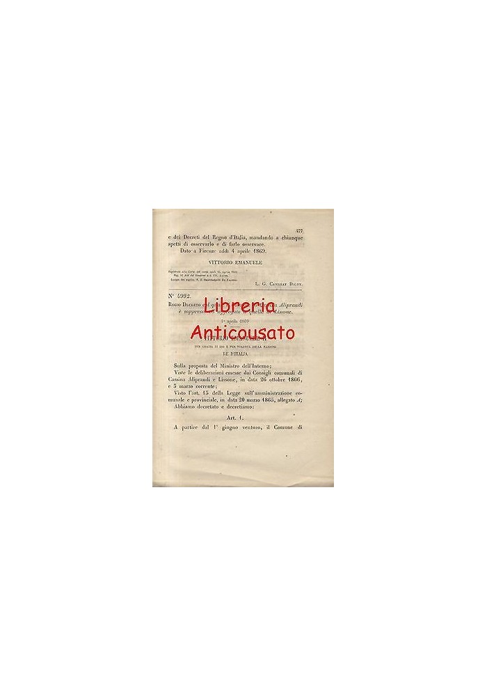 CASSINA ALIPRANDI SOPPRESSO - REGIO DECRETO - 1869 - LISSONE -originale d'epoca