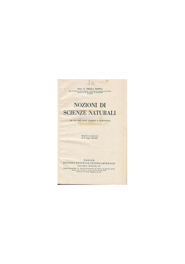 NOZIONI DI SCIENZE NATURALI di G Della Beffa 1937 SEI Libro