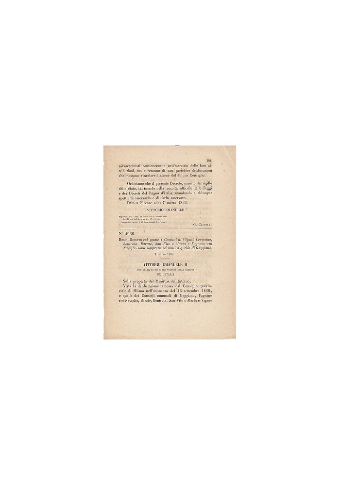 REGIO DECRETO VIGANò CERTOSINO BINAROLA BARATE FAGNANO GAGGIANO - 1869 D'EPOCA
