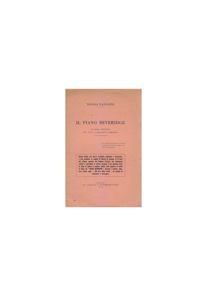 IL PIANO BEVERIDGE GRAN BRETAGNA di Nicola Pascazio Autografo 1944 Putignano