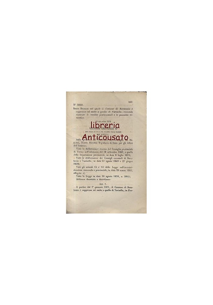 BARATONIA SOPPRESSO - REGIO DECRETO - 1870 - UNITO A VARISELLA - originale