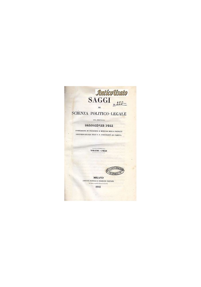 SAGGI DI SCIENZA POLITICO LEGALE di Baldassare Poli 1841 Perelli e Mariani