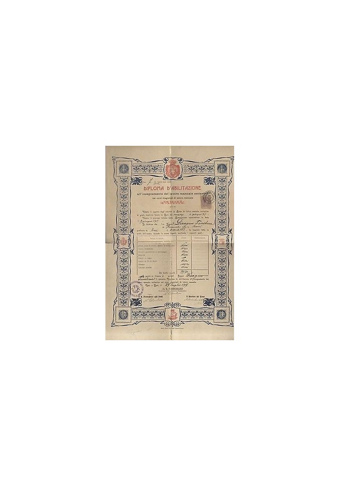 BARI 1907 DIPLOMA DI ABILITAZIONE ALL'INSEGNAMENTO LAVORO MANUALE SCOLASTICO