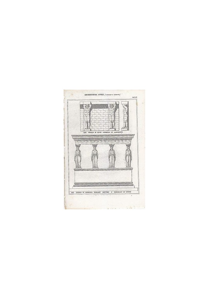 ARCHITETTURA CIVILE CARIATIDI TELAMONI INCISIONE STAMPA IN RAME 1866 ORIGINALE