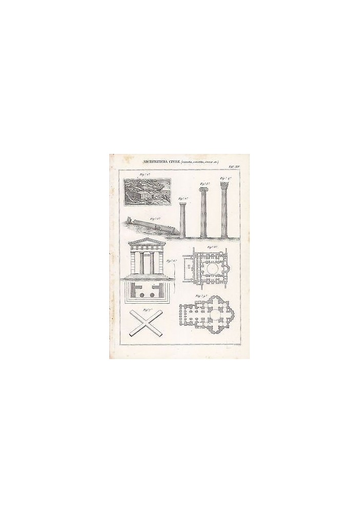 ARCHITETTURA CIVILE CAPANNA COLONNA CROCI INCISIONE STAMPA RAME 1866 ORIGINALE