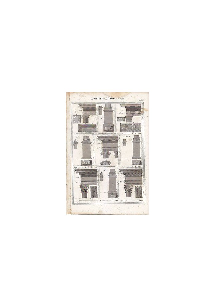 ARCHITETTURA CIVILE ORDINI INCISIONE STAMPA IN RAME 1866 TAVOLA ORIGINALE DORICO