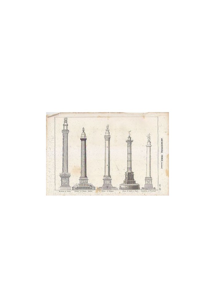 ARCHITETTURA CIVILE COLONNE LONDRA BOULOGNE INCISIONE STAMPA RAME 1866 ORIGINALE