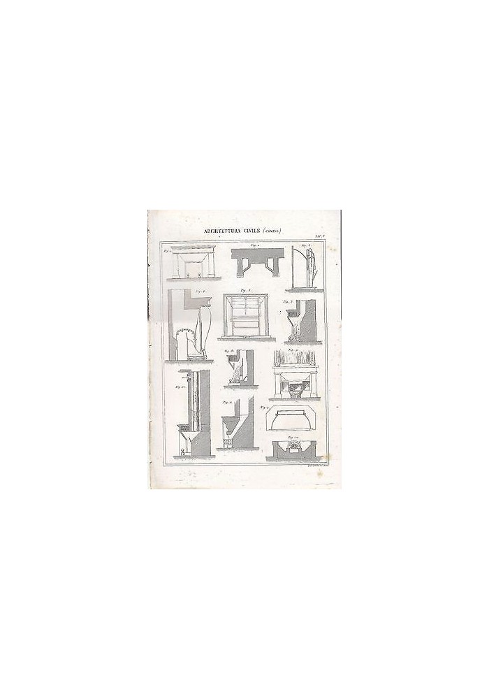 1866 Incisione Antica CAMINO stampa ARCHITETTURA CIVILE TAVOLA ORIGINALE