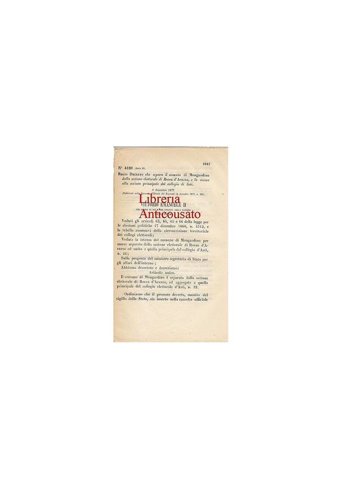 REGIO DECRETO SEPARAZIONE SEZIONE ELETTORALE MONGARDINO DA ROCCA D'ARAZZO 1877