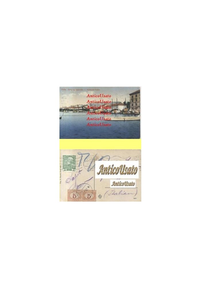 POLA - PORTO COMMERCIALE Merkantil Halen - CARTOLINA VIAGGIATA 1912 A COLORI