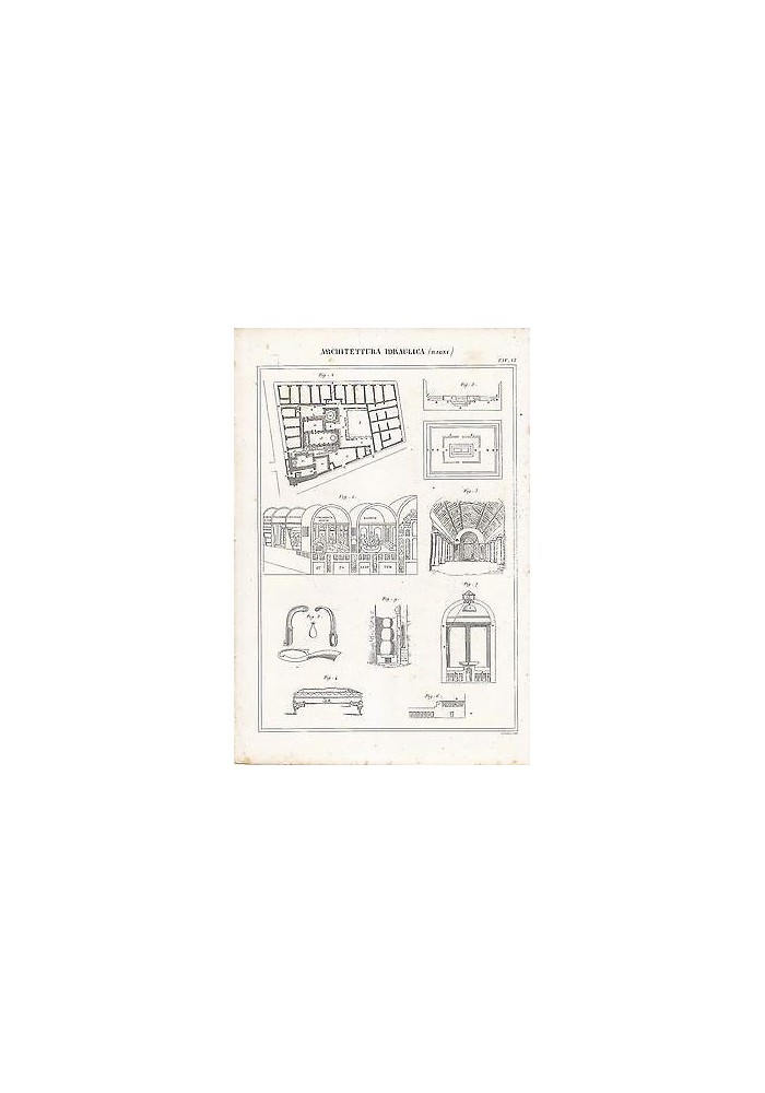 ARCHITETTURA IDRAULICA BAGNI INCISIONE STAMPA RAME 1866 TAVOLA ORIGINALE